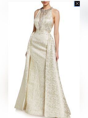 Mac Duggal Cream Metallic Brocade Halter Maxi Gown with Jeweled Neckline